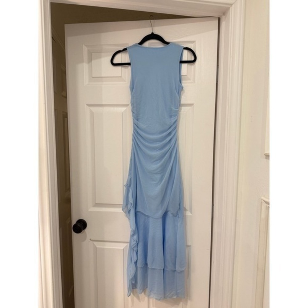 Light Blue Ruched Ruffle Asymmetrical Maxi Dress Sleeveless Square Neck Small - Picture 3 of 7